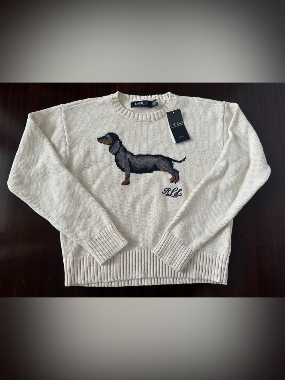 Ralph Lauren Cream Crewneck Sweater with Dachshund Motif